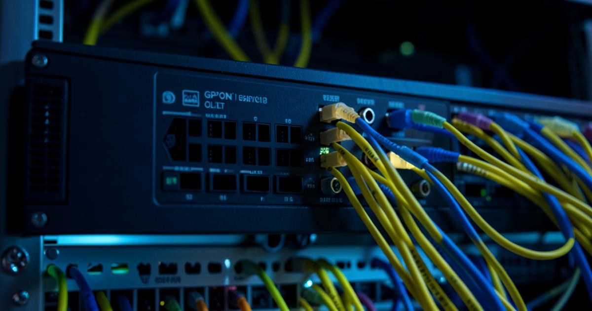 GPON OLT chassis in a telecom rack with dense yellow and blue fiber optic patch cords
