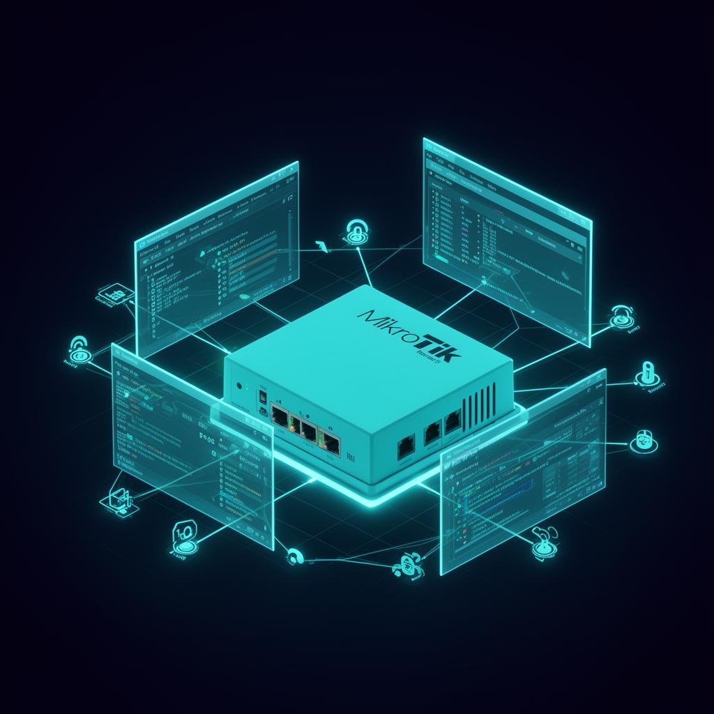 Isometric 3D render of a glowing MikroTik router surrounded by floating RouterOS configuration panels and a network topology mesh.