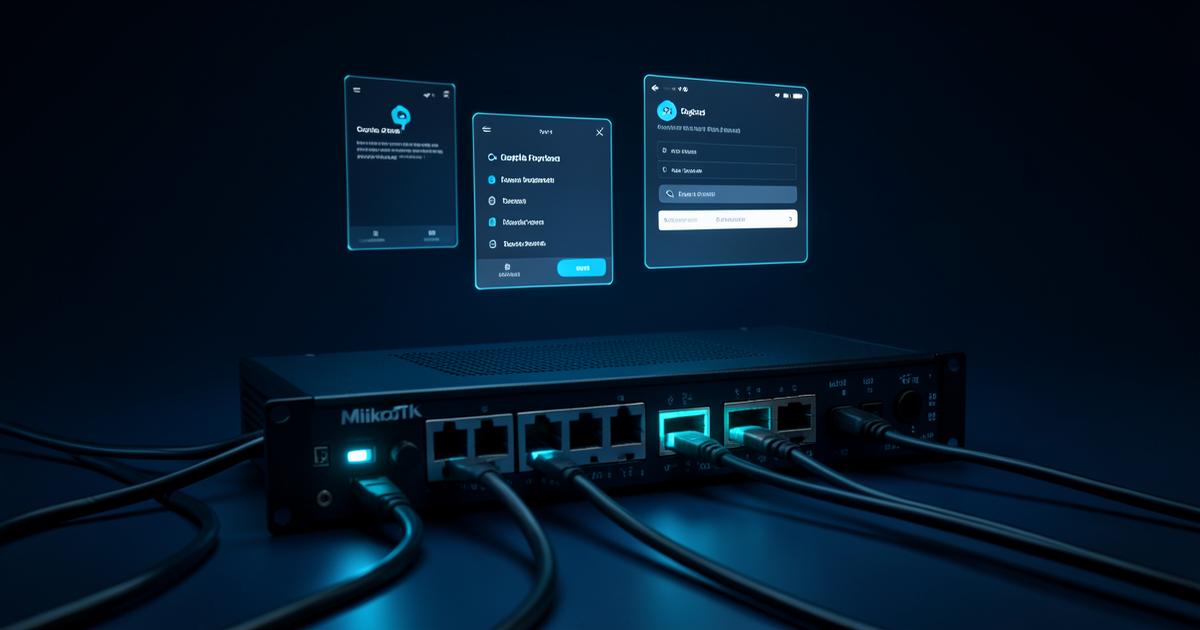 MikroTik router with glowing cyan ethernet ports and floating captive portal login panels