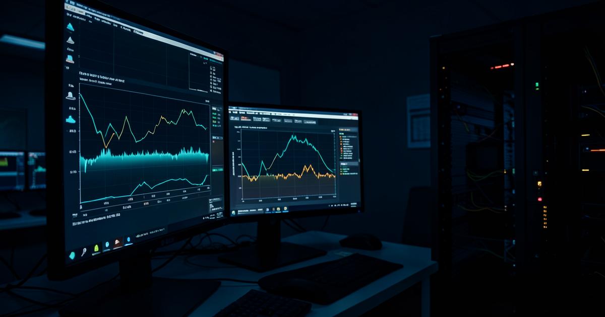 Network operations centre monitors showing latency and SNMP dashboards beside a server rack