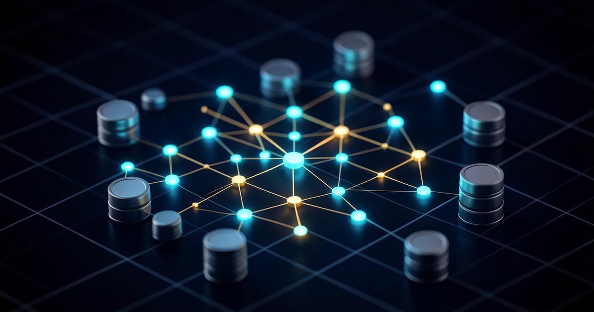 Isometric multi-tenant SaaS architecture with glowing cyan nodes linked to isolated database cylinders