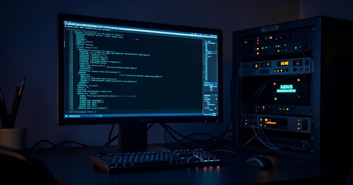 Network engineer workstation showing a RADIUS authentication terminal beside a server rack