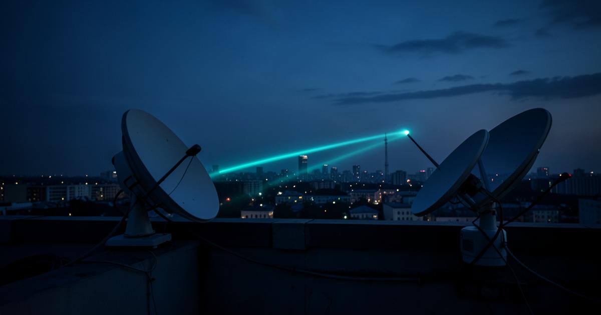 Rooftop point-to-point wireless dishes at dusk with a signal beam toward a city skyline